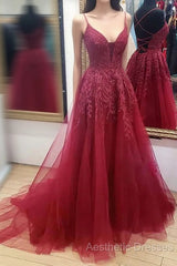 V Neck Burgundy Lace Evening Prom Dresses Long, Wine Red V Neck Lace Long Formal Evening Dresses