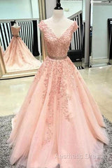 V Neck Cap Sleeves Peach Lace A-Line Long Evening Evening Prom Dresses