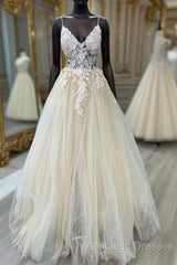 V Neck Champagne Tulle Lace Wedding Dresses, Champagne Tulle Lace Formal Evening Prom Dresses