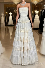 Vintage Ball Gown Strapless White Lace Evening Prom Gown Fairy Evening Prom Dresses