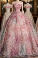 Vintage Fashion Ball Gown Strapless Pink Floral Floor Length Evening Dresses Evening Prom Dresses