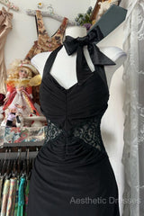 Vintage Fashion Mermaid Halter Black Floor Length Evening Dresses Evening Prom Dresses