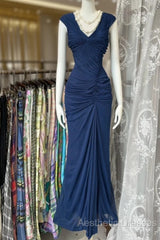 Vintage Fashion Mermaid V Neckline Navy Blue Floor Length Evening Dresses Evening Prom Dresses