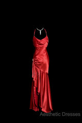 Vintage High Low Halter Satin Red Evening Prom Gown Fairy Long Evening Prom Dresses