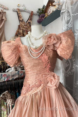 Vintage High Low Short Sleeves Flowers Evening Dresses Evening Prom Dresses