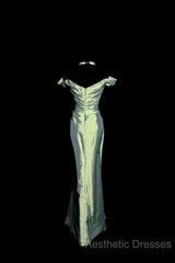 Vintage Mermaid Off The Shoulder Green Long Evening Prom Gown Fairy Evening Prom Dresses