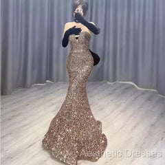 Vintage Mermaid Strapless Party Dresses Long Sequin Evening Prom Dresses