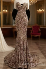 Vintage Mermaid Strapless Party Dresses Long Sequin Evening Prom Dresses