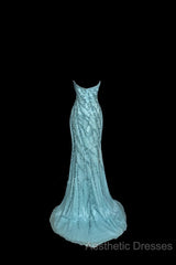 Vintage Mermaid Strapless Tulle Blue Beads Long Evening Prom Gown Fairy Evening Prom Dresses