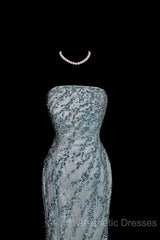 Vintage Mermaid Strapless Tulle Blue Beads Long Evening Prom Gown Fairy Evening Prom Dresses