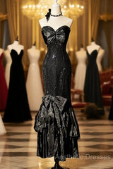 Vintage Mermaid Sweetheart Black Sequin Long Evening Prom Gown Fairy Evening Prom Dresses