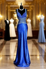 Vintage Mermaid Sweetheart Neckline Royal Blue Satin Backless Evening Prom Gown Fairy Evening Prom Dresses