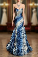 Vintage Mermaid Sweetheart Sleeveless Long Blue Evening Prom Gown Fairy Evening Prom Dresses