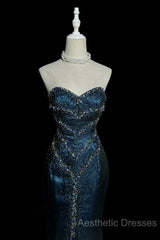Vintage Mermaid Sweetheart Sleeveless Long Blue Slit Evening Prom Gown Fairy Evening Prom Dresses
