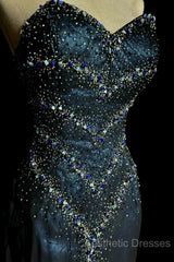 Vintage Mermaid Sweetheart Sleeveless Long Blue Slit Evening Prom Gown Fairy Evening Prom Dresses