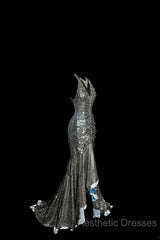 Vintage Mermaid V Neckline Gray Sequin Long Evening Prom Gown Fairy Evening Prom Dresses