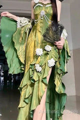 Vintage Sheath Irregular Ruffled Spaghetti Straps WomenS Green Birthday Party Dresses