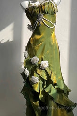 Vintage Sheath Irregular Ruffled Spaghetti Straps WomenS Green Birthday Party Dresses