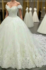 Vintage V-Neck Off The Shoulder Lace Wedding Ball Gown Dresses