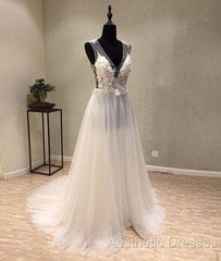 White A-Line Tulle Lace Long Evening Prom Dresses, White Wedding Dresses