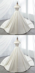 White Off Shoulder Satin Long Evening Prom Dresses, White Evening Dresses, White Wedding Dresses, White Formal Dresses