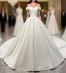 White Off Shoulder Satin Long Evening Prom Dresses, White Evening Dresses, White Wedding Dresses, White Formal Dresses