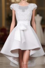 White Round Neck Lace Short Evening Prom Dresses, Lace Dresses