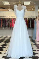 White Ruffled Straps V-Neck Pleated Long Prom Dress