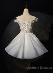 White Short Flowers Lace Short Party Dresses, White Graduation Dresses Evening Prom Dresses