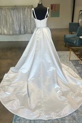 White Sweetheart Bow-Strap A-Line Long Modest Wedding Dresses