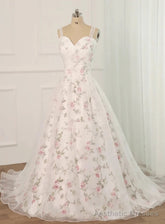 White Tulle and Floral Long Straps Formal Gown Beautiful White Party Dress prom dresses shops