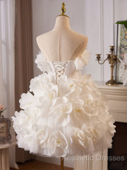 White Tulle Flower Ball Gown Short Evening Prom Dresses, Cute Sweet 16 Dresses