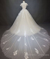 White Tulle Lace Applique Long Evening Prom Dresses, White Lace Wedding Dresses