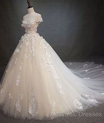 White Tulle Lace Applique Long Evening Prom Dresses, White Lace Wedding Dresses