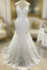 Wholesale Trumpet/Mermaid V-Neck Sleeveless Lace Applique Sweep/Brush Train Wedding Dresses
