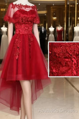 Wine Red Lace Tulle High Low Lace Formal Homecoming Dresses