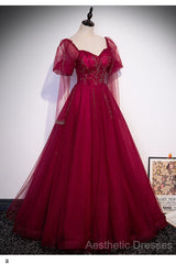 Wine Red Long Sleeves Tulle Evening Gown Evening Prom Dresses, Dark Red Beaded Party Dresses