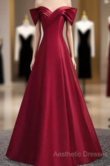 Wine Red Satin Long Party Dresses, A-Line Wine Red Satin Evening Prom Dresses