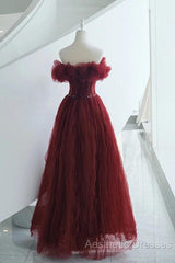 Wine Red Tulle Sequins Long Off Shoulder Party Dresses, Wine Red Tulle Evening Prom Dresses