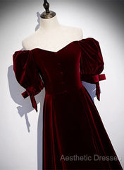 Wine Red Velvet A-Line Simple Party Dresses, Wine Red Velvet Long Evening Prom Dresses