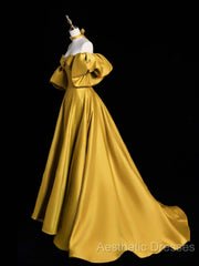 Yellow Satin Long Evening Prom Dresses, Off The Shoulder A-Line Evening Party Dresses