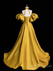 Yellow Satin Long Evening Prom Dresses, Off The Shoulder A-Line Evening Party Dresses
