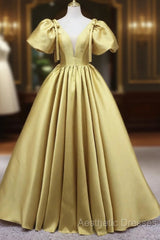 Yellow V-Neck Satin Long Evening Prom Dresses, A-Line Puff Sleeves Evening Party Dresses