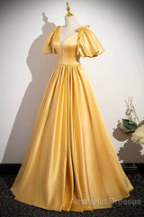 Yellow V-Neck Satin Long Evening Prom Dresses, Yellow A-Line Short Sleeve Evening Dresses