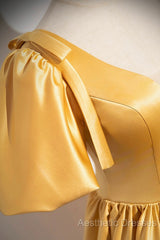 Yellow V-Neck Satin Long Evening Prom Dresses, Yellow A-Line Short Sleeve Evening Dresses