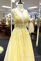 Yellow V Neck Tulle Lace Evening Prom Dresses Evening Dresses