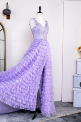 Lavender Plunging V Neck Appliques Layers Long Evening Prom Dresses with Slit