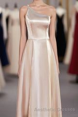Champagne One Shoulder A-line Satin Tea Length Bridesmaid Dresses