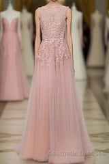 Pink Lace Tulle Long A Line Evening Prom Dresses, Pink Evening Prom Dresses, 1