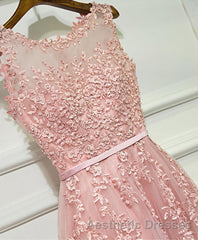 Pink Lace Tulle Long A Line Evening Prom Dresses, Pink Evening Prom Dresses, 1